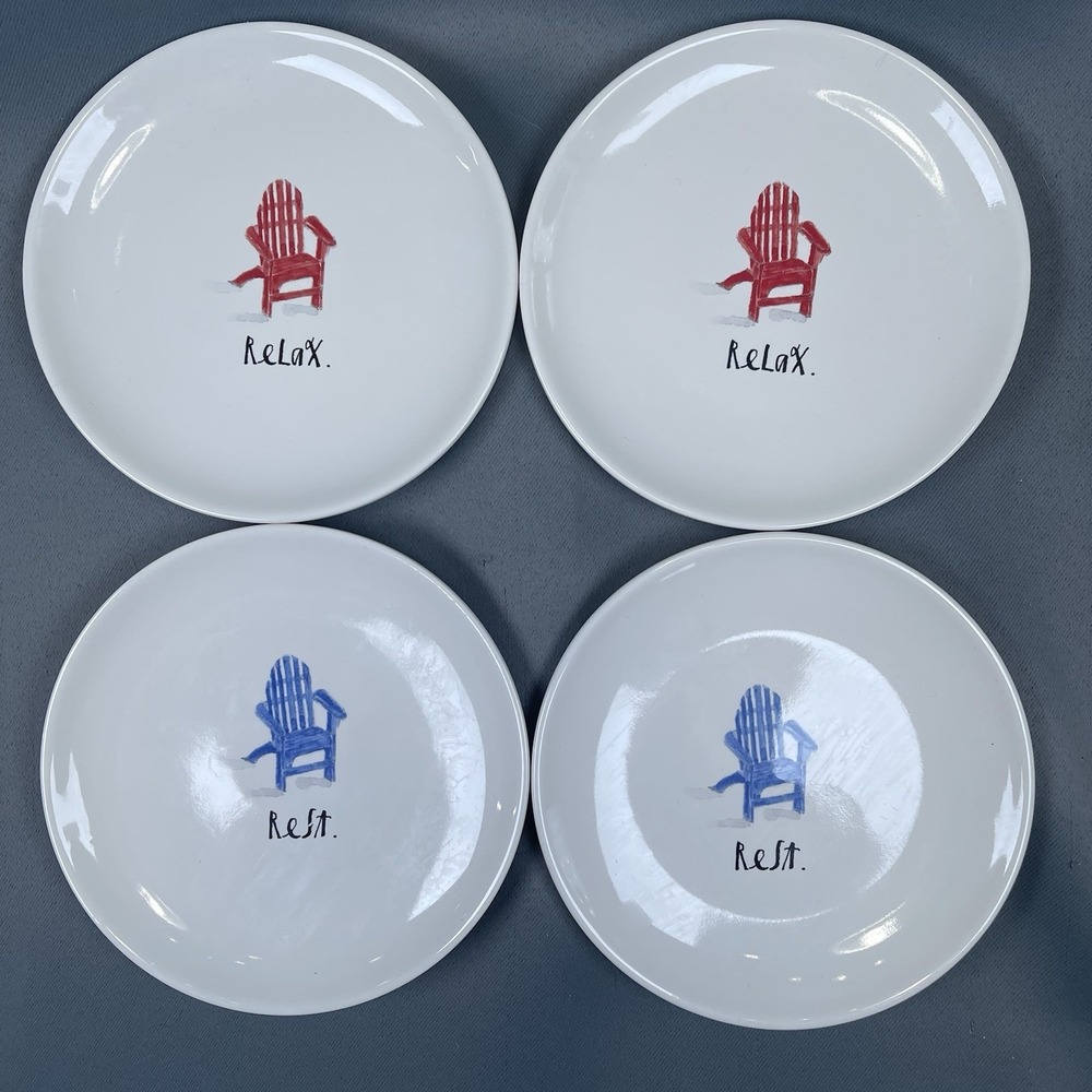 Set of 4 Rae Dunn Artisan Collection Rest Relax Porcelain Dessert Plates Magenta